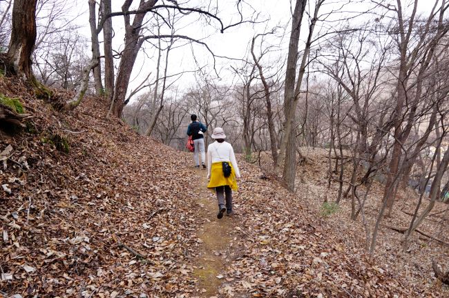 낙엽 쌓인 산길에 남 1&#44; 여 1&#44; 검은 상의 회색 바지&#44; 여성은 흰 모자&#44; 흰 상의 노란 스커트&#44; 진한 회색 바지&#44; 나뭇가지 사이로 흐린 하늘&#44;