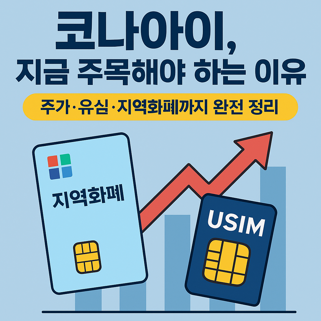 코나아이 지금 주목해야 하는 이유 – 지역화폐 카드와 유심칩이 상승 화살표와 함께 표현된 썸네일 이미지