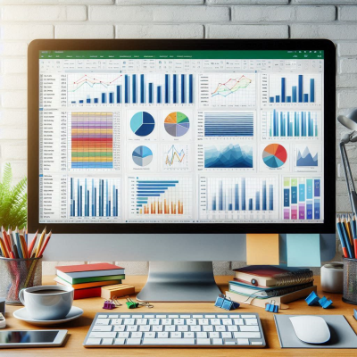 컴퓨터 화면에 많은 그래프와 차트가 표시된 상태에서 집중하는 사람의 모습입니다.