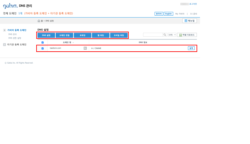 가비아 DNS 설정 페이지