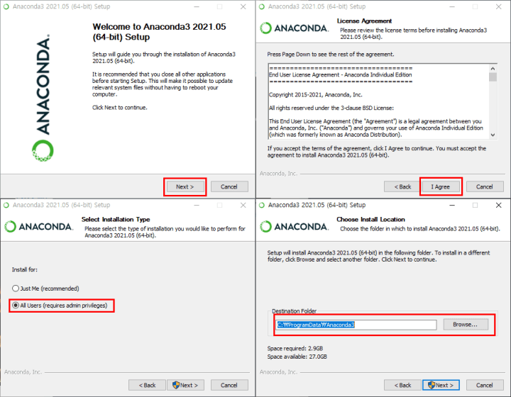 Anaconda 설치 과정을 보여주는 사진