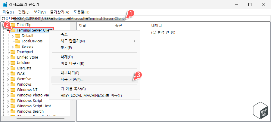 레지스트리 편집기 &gt; Terminal Server Client &gt; 사용 권한 옵션