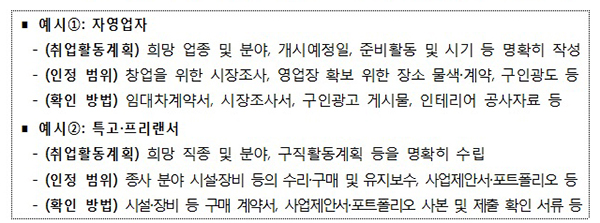  국민취업지원제도-창업예정자영업자-구직활동 인정방법-인정범위