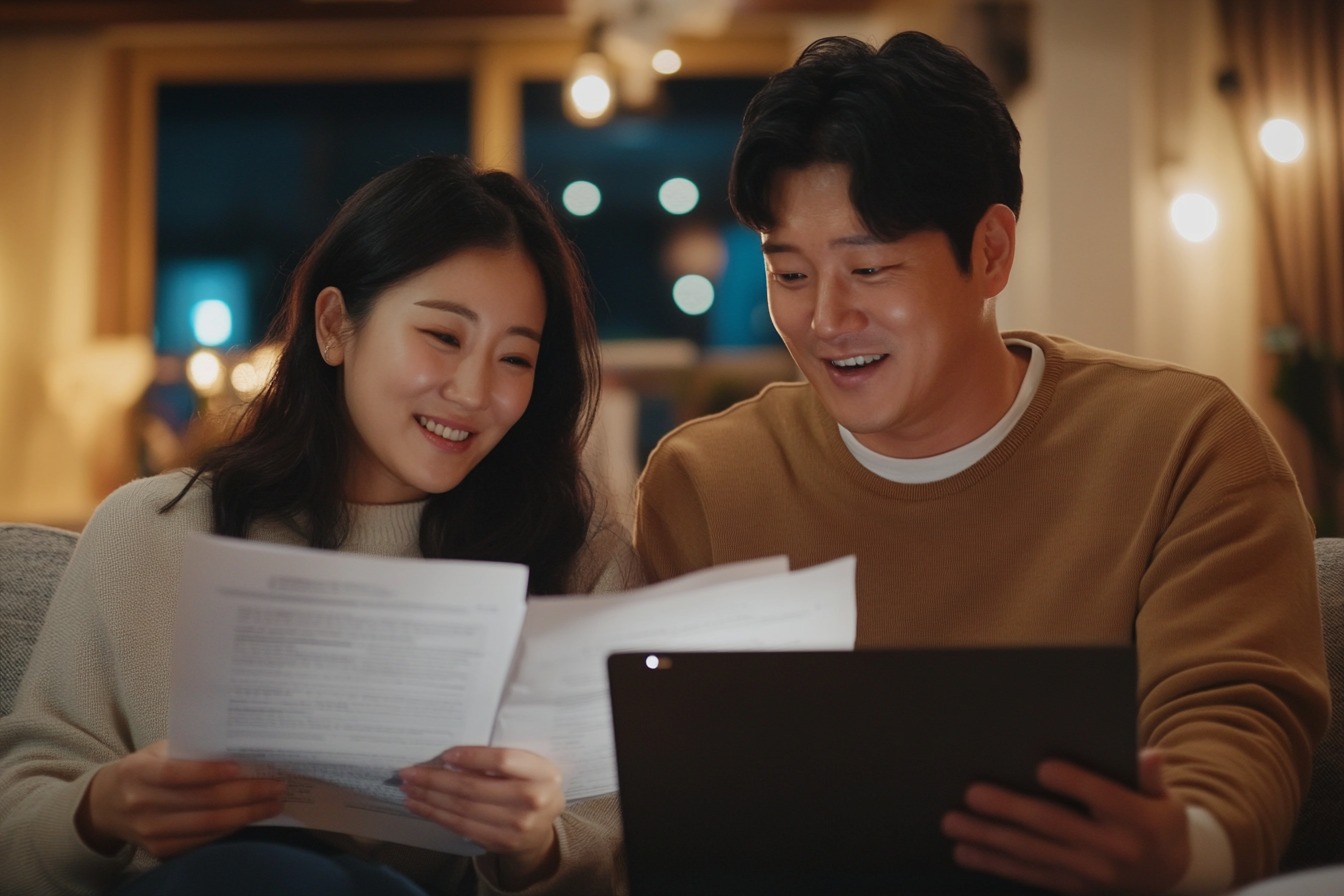 거실에 앉아 세금신고서와 노트북을 보며 즐겁게 작업하는 젊은 한국인 부부