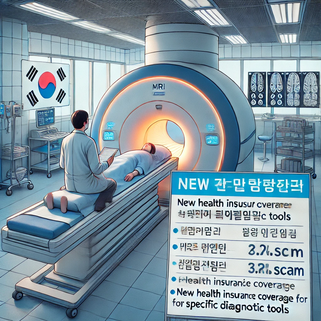 병원에서 MRI 검사를 받고 있는 환자의 모습, 특정 진단 도구의 건강보험 적용 확대를 설명하는 표지판 포함