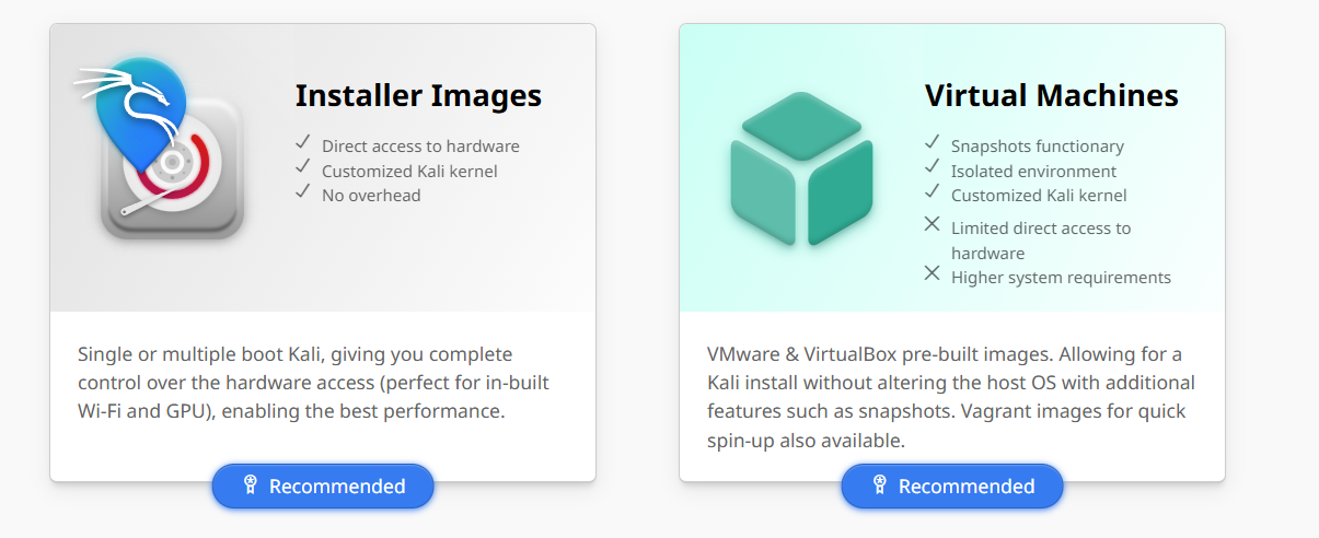 칼리리눅스 설치 방식 Installer Images와 사전구축된 칼리리눅스파일