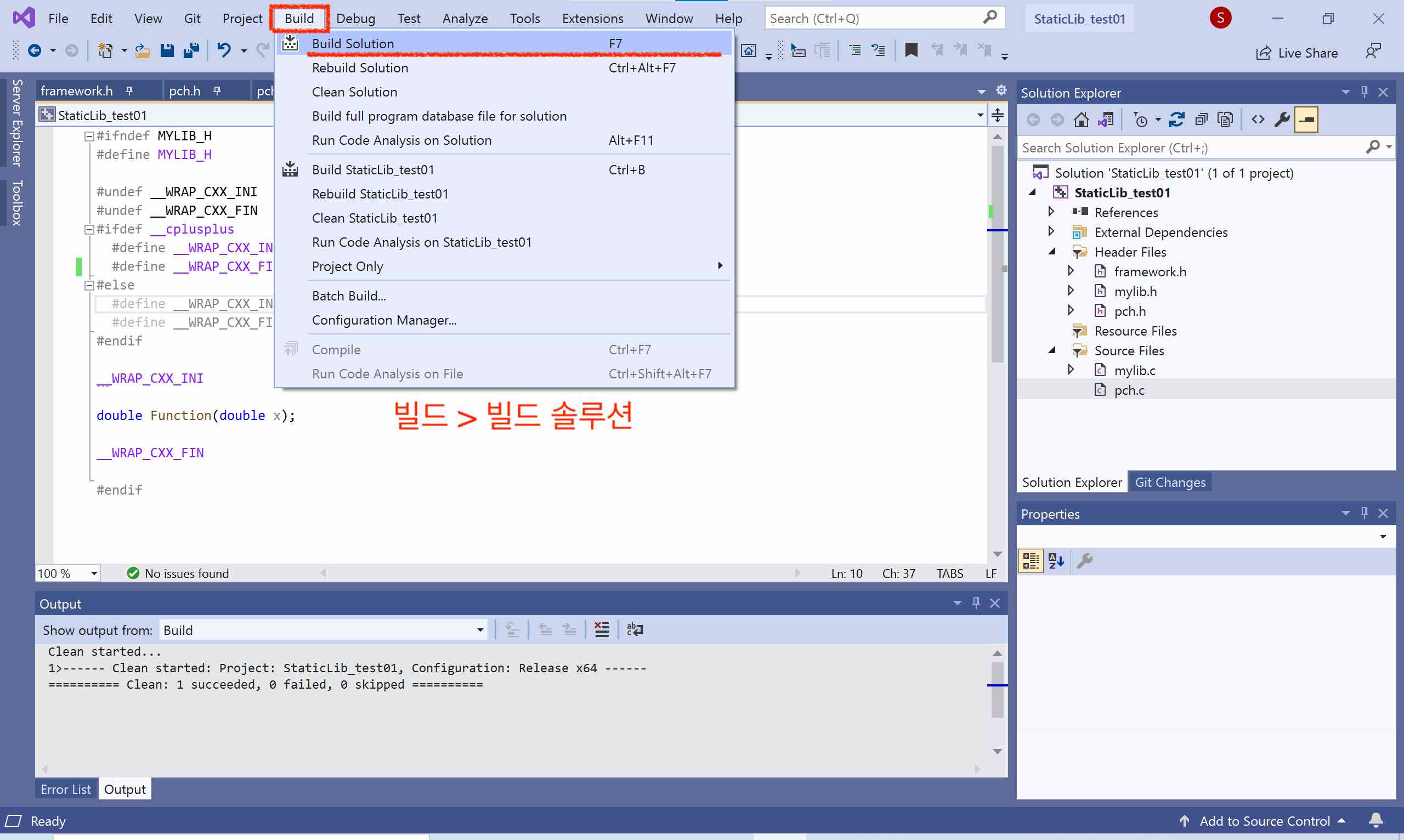 screenshot of Visual Studio Community 2019, showing the build project menu in the main screen