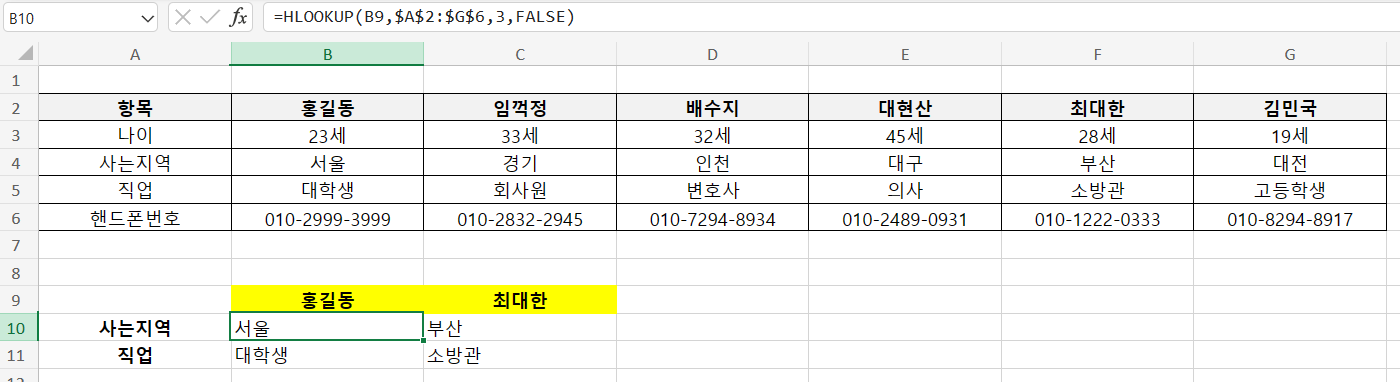 엑셀 hlookup 함수 활용 예제