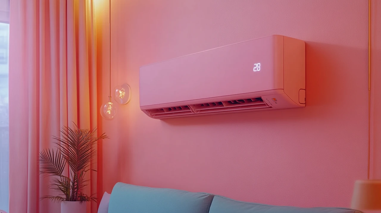 최신 AI 기술을 적용한 무풍 에어컨이 설치된 현대적인 거실에서 조용하고 평화로운 분위기를 조성합니다. 고급스럽고 절제된 디자인이 특징인 이 에어컨은 최적의 쾌적함을 제공합니다.