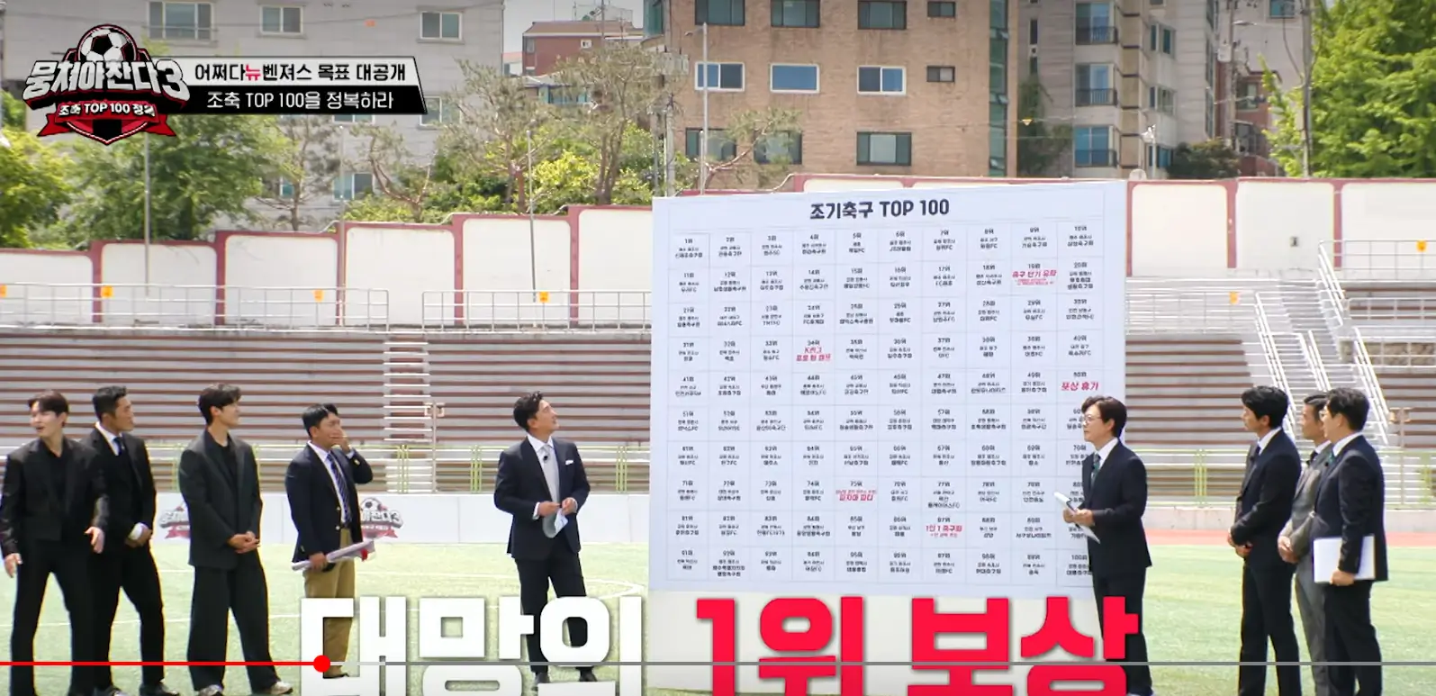 뭉찬3 어쩌다뉴벤져스 조기축구 TOP100 목표 발표장면(출처:넷플릭스)