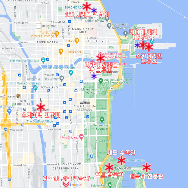 고시티-시카고패스-어트렉션-위치가-표시된-지도