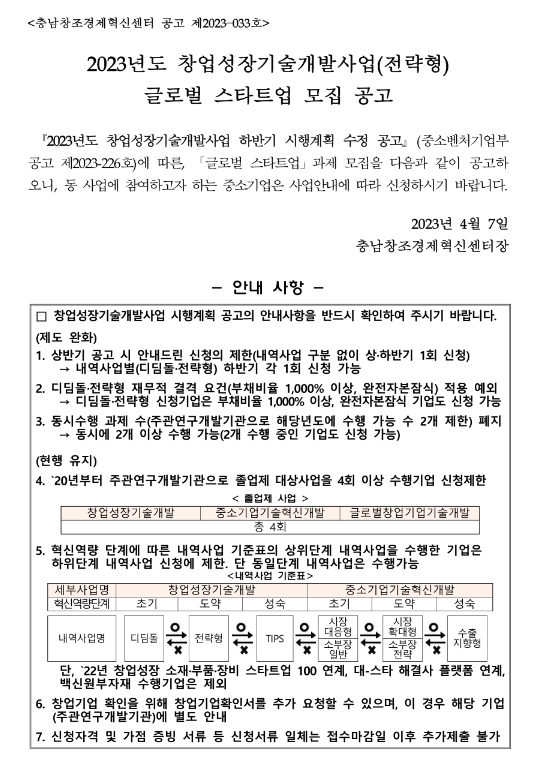  2023년 창업성장기술개발사업 충남창조경제혁신센터 전략형(글로벌 스타트업) 과제 모집 공고
