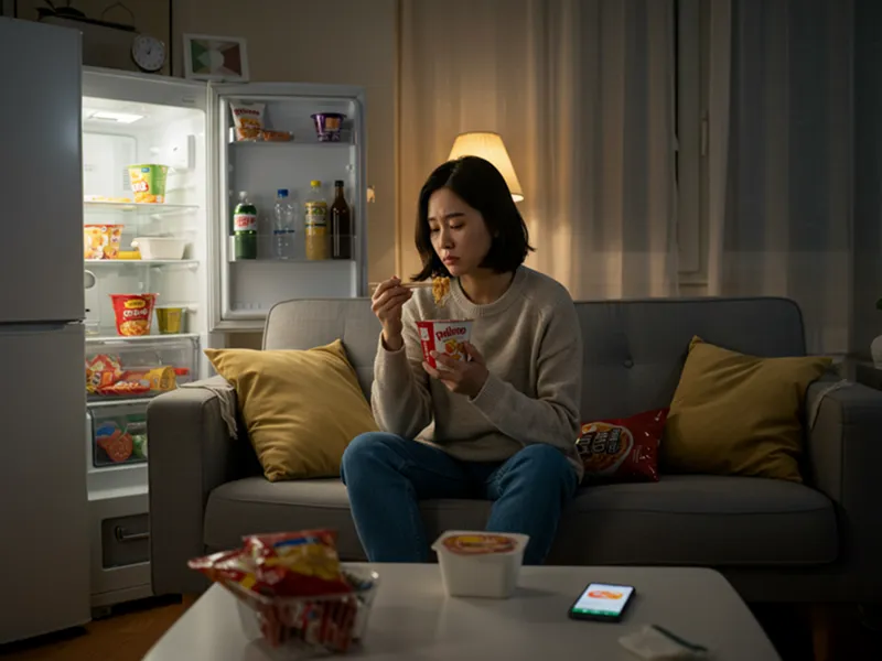 &quot;배달 음식을 먹으며 혼자 시간을 보내는 1인 가구 여성, 냉장고 속 인스턴트 식품으로 영양 불균형 상징.&quot;