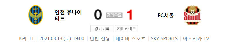  2021 K리그1 / 4라운드 - 인천 유나이티드 대 FC서울 (2021년 3월 13일 경기 하이라이트)