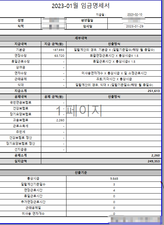 실제 통보받은 임금명세서