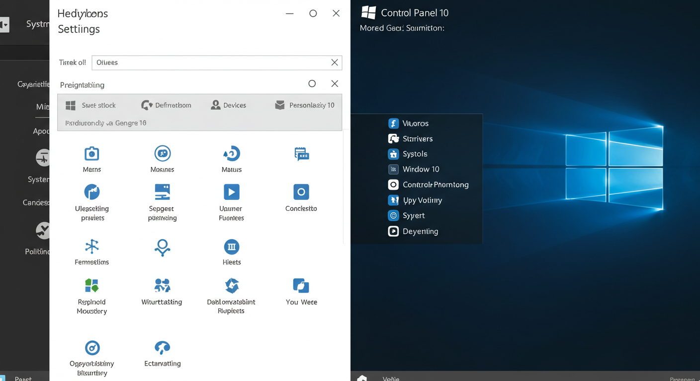 (Image Prompt: Split screen image. Left: The modern Windows 10 Settings app interface, showing main categories like System, Devices, Personalization. Right: The classic Windows Control Panel interface with its familiar icons. Style: Comparative screenshot.)