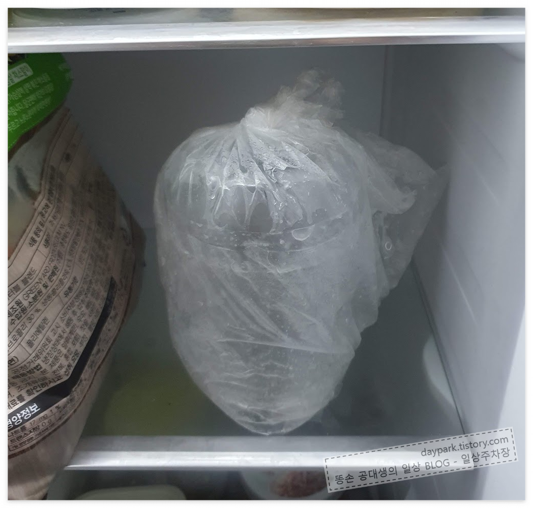 냉동고에 보관중인 PET 재활용 병