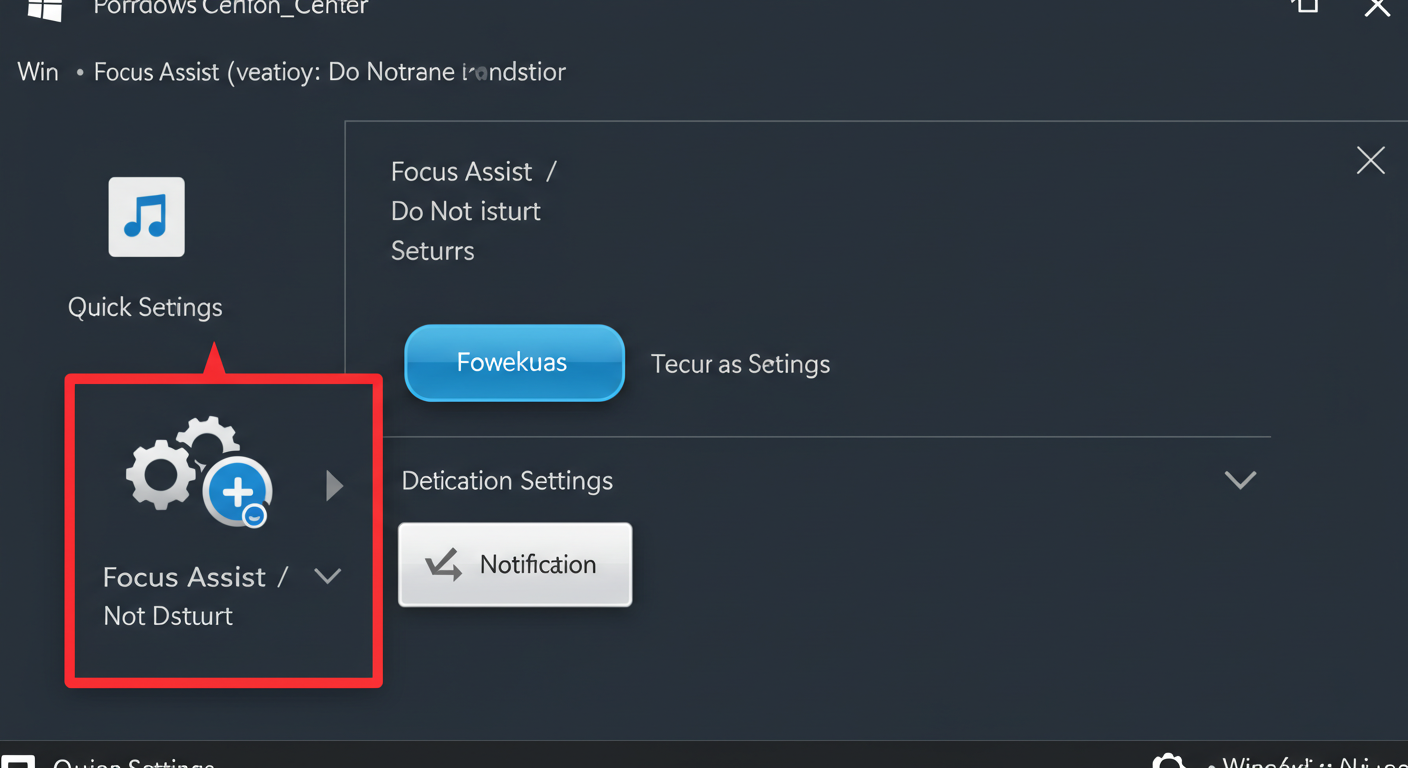 (Image Prompt: Screenshot showing the Windows Action Center (Win 10) or Quick Settings (Win 11) panel with the Focus Assist / Do Not Disturb button highlighted. Maybe another small inset showing the detailed Notification settings page. Style: Functional screenshot.)