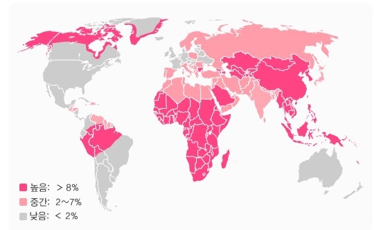 세계지도에 질병 국가 및 지역이 분홍색으로 칠해져있다
