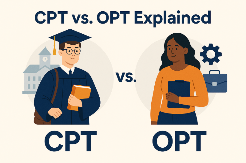 An infographic comparing CPT and OPT for U.S. international students, showing a male student under CPT and a female professional under OPT.