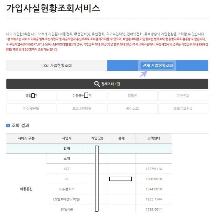 가입사실현황조회서비스-전체가입현황조화-결과-사진