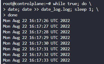 while true; do date; date &gt;&gt; date_log.log; sleep 1; done 표준 출력