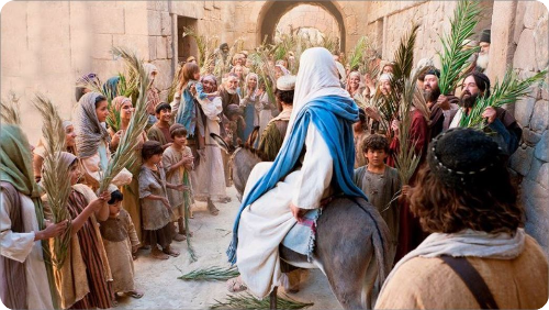 종려주일&#44; 나귀타고 예루살렘으로 들어가시는 예수님과 종려 나무 가지를 꺾어 환영하는 사람들
