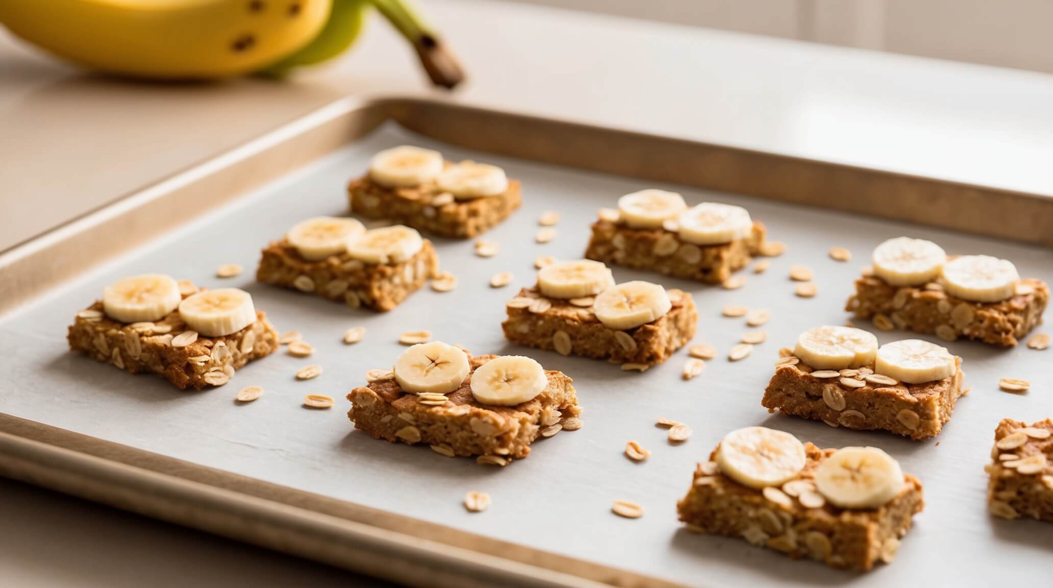 homemade dog treats with oatmeal and banana on baking sheet