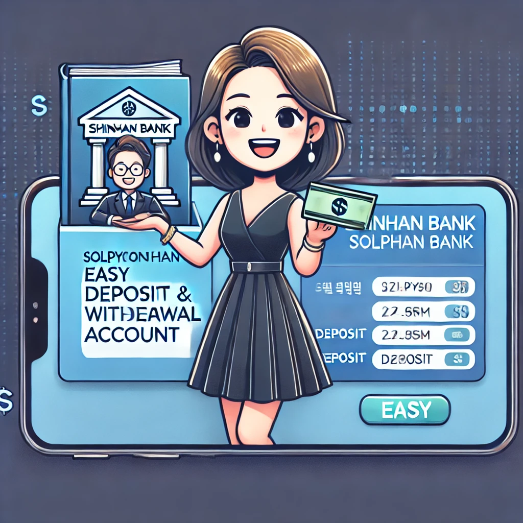 &quot;Shinhan Bank Solpyeonhan easy deposit and withdrawal account 책을 들고 있는 카툰 캐릭터, 디지털 뱅킹, 입출금 기능, 현대적이고 세련된 뱅킹 인터페이스&quot;