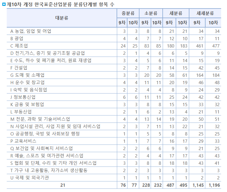제 10차 개정 한국표준산업분류표