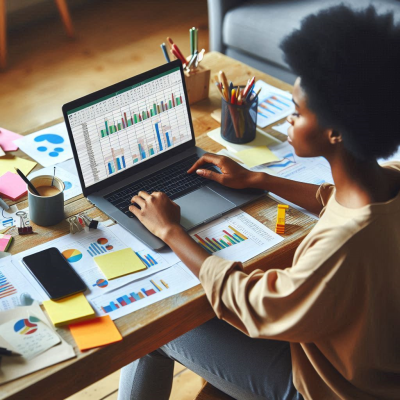 차트와 그래프 위에 메모지와 펜을 두고 데이터를 분석하는 모습.