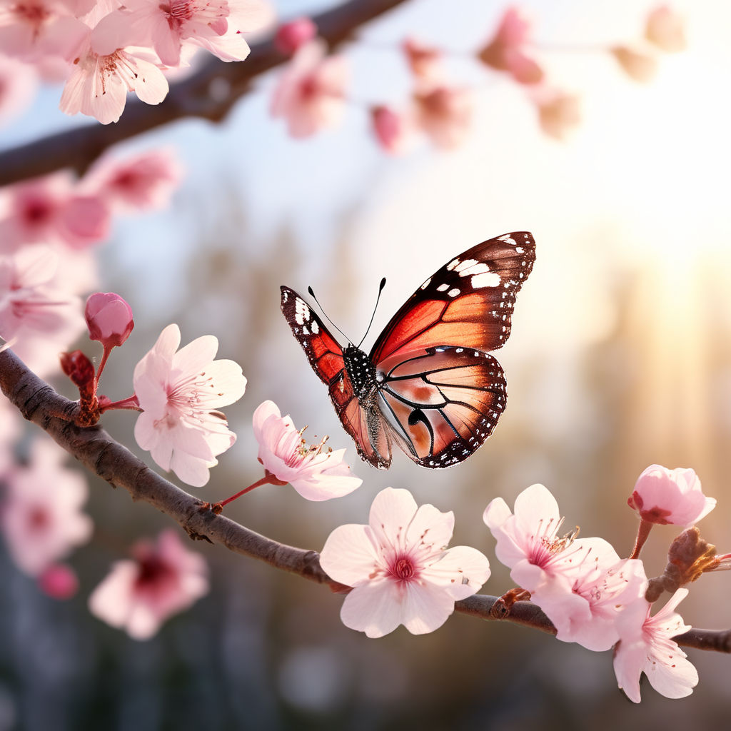 벚꽃나무의 벚꽃 꽃잎과 나비 나방 (무료 이미지)