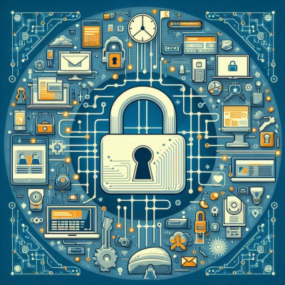 복잡한 네트워크와 자물쇠가 포함된 디지털 보안 개념 디자인