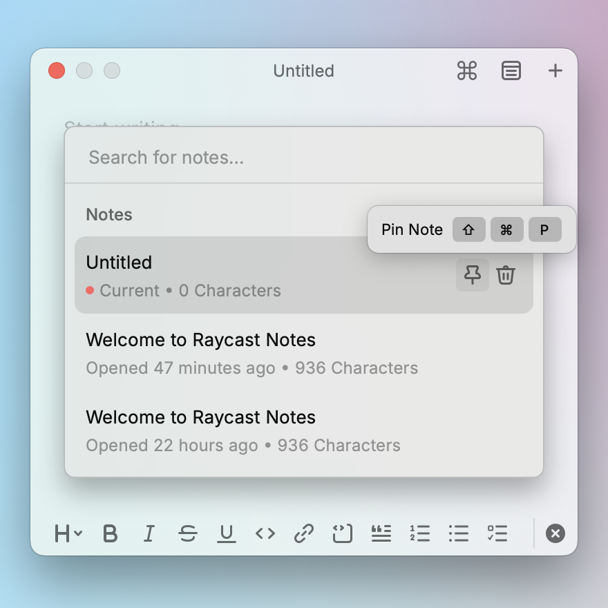 탐색 탭에서 노트를 고정하는 방법을 보여주는 사진