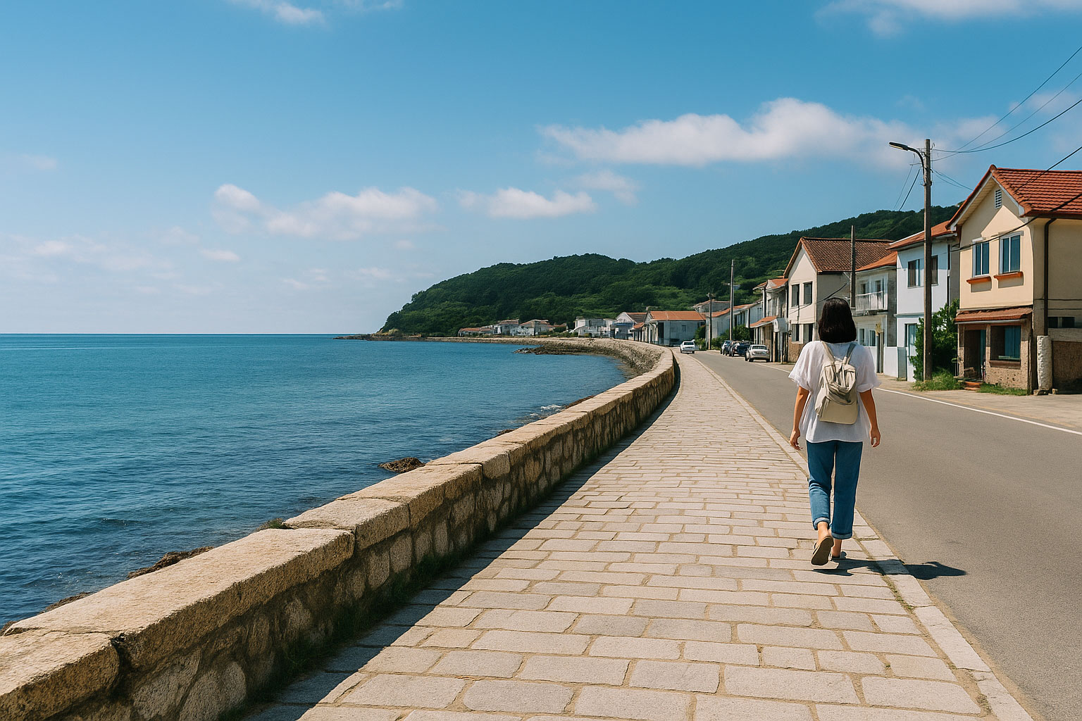 잔잔한 여름 바다 마을의 산책로 풍경. 햇살이 비치는 해변길을 따라 걷는 사람들과 고요한 분위기의 바다 풍경이 조화를 이루고 있다.