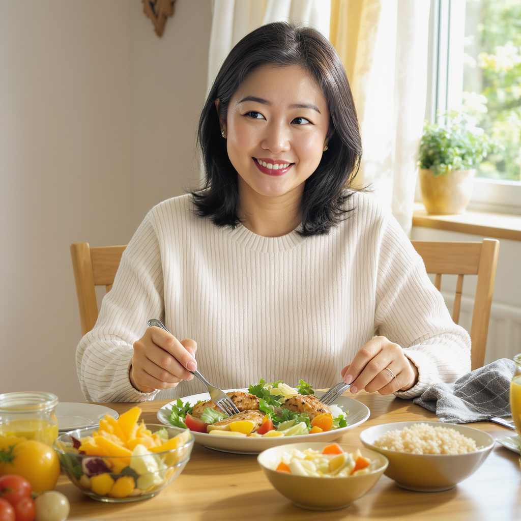 [이미지 1: 한 한국인 여성이 식탁 앞에서 건강한 음식을 보며 결심에 찬, 긍정적인 표정을 짓는 이미지]