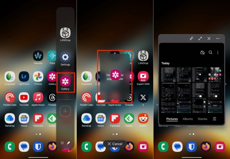 엣지 패널에서 분할 화면 열기