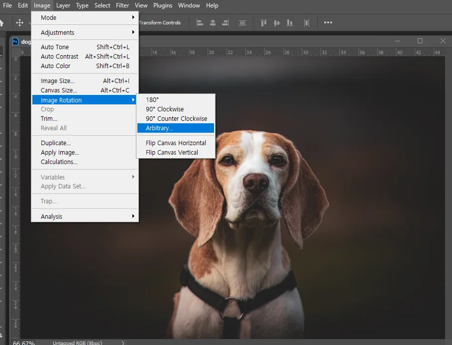 어도비 포토샵에서 이미지 회전 각도 입력하는 모습