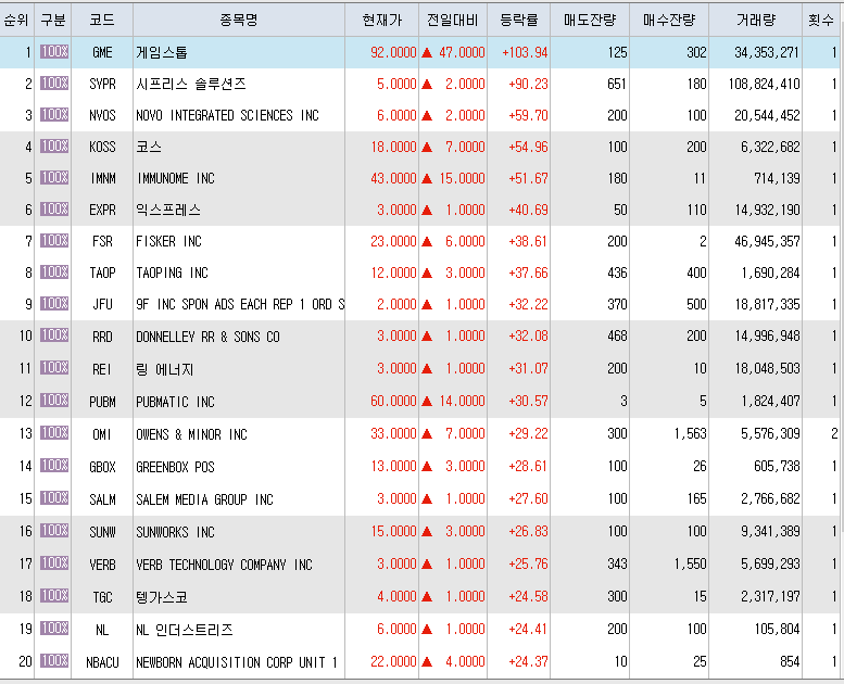  2월24일 미국주식 상승률 상위 종목 TOP 300