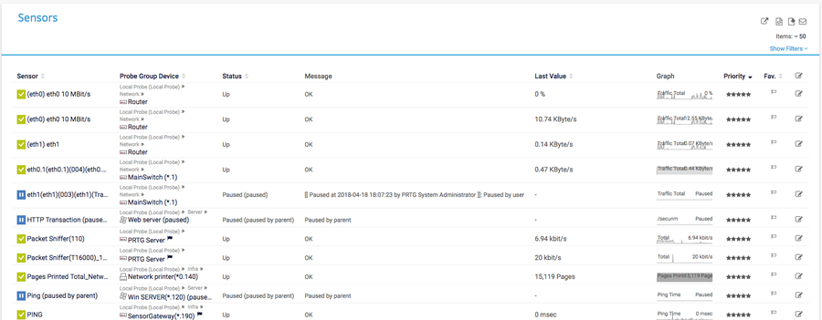 PRTG 웹인터페이스_센서 리스트 현황