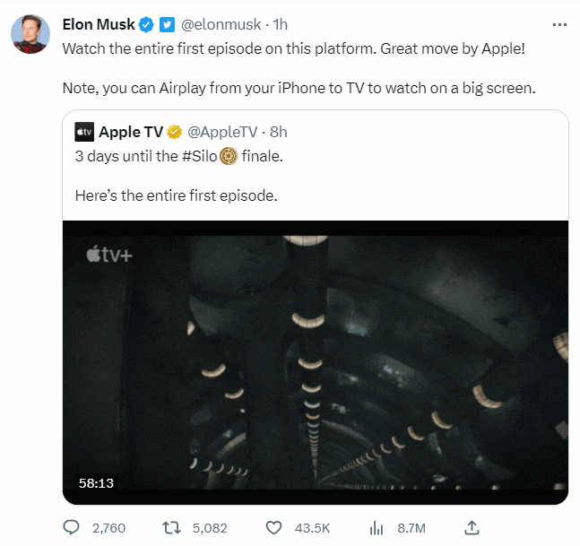  머스크가 추천하는 영화 Watch the entire first episode on this platform. Great move by Apple!