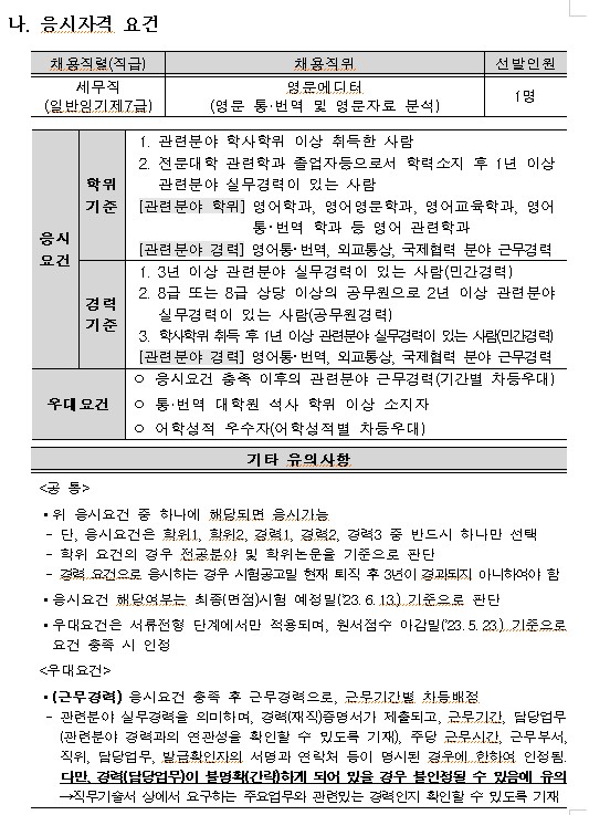 국세청 영문 통&middot;번역 공무원 채용