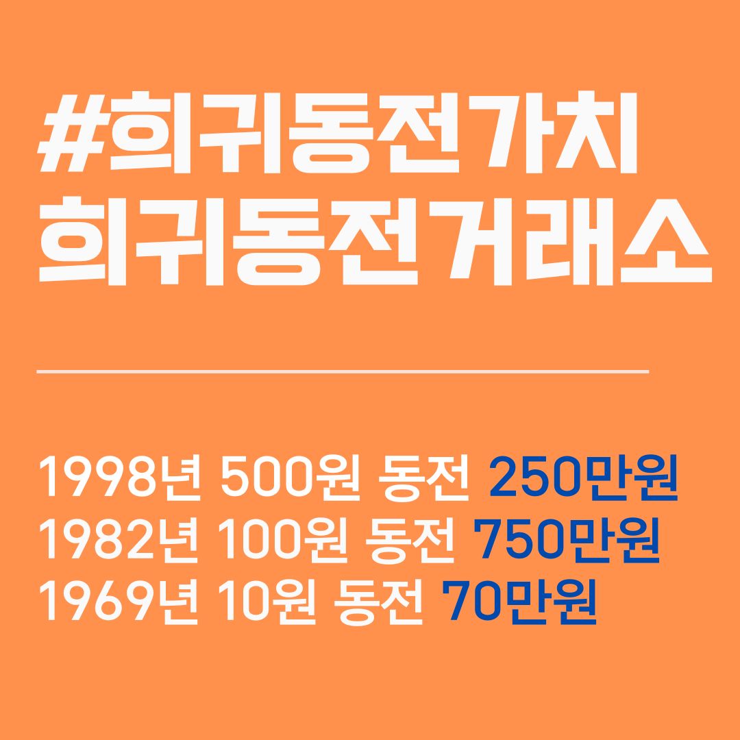 희귀동전 가치 급등. 현금 사용량 급감으로 인한 결과. 희귀동전 거래소. 500원 동전 1998년산 최대 2백 5십만원. 100원 동전 1982년산 최대 750만원. 10원 동전 1969년산 최대 70만원.