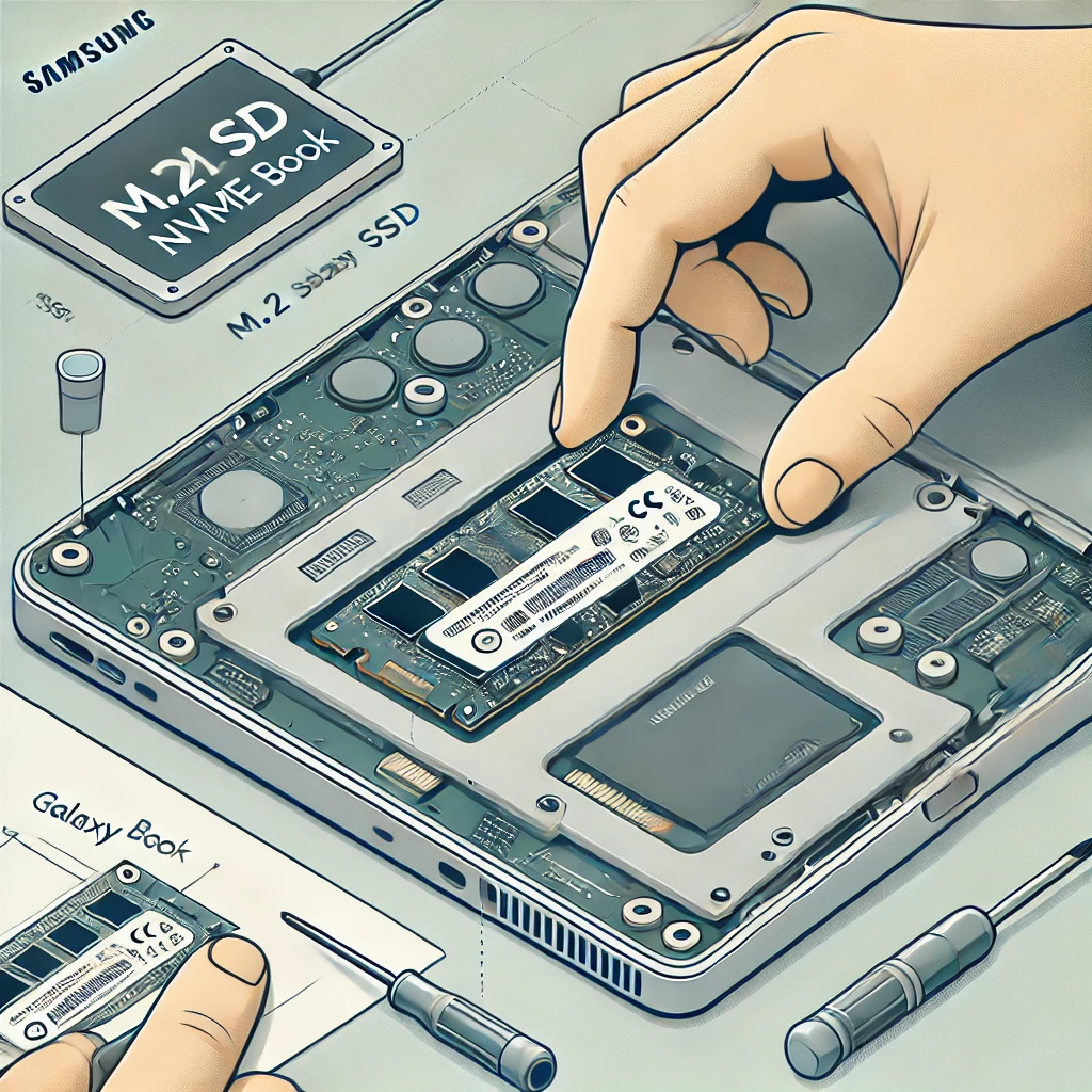 삼성 갤럭시북에 M.2 NVMe SSD를 설치하는 방법을 설명하는 이미지. 손이 45도 각도로 SSD를 노트북의 M.2 슬롯에 삽입하고 있으며, 나사로 SSD를 고정하는 모습을 보여줍니다. 설치 과정에 필요한 작은 드라이버와 SSD 슬롯이 강조되어 있어 사용자에게 설치 과정을 안내하는 그림.