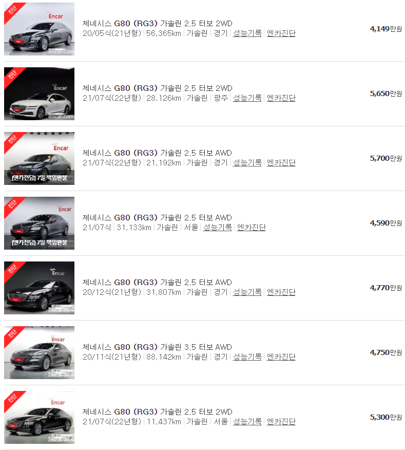 신형 제네시스 G80 중고가격