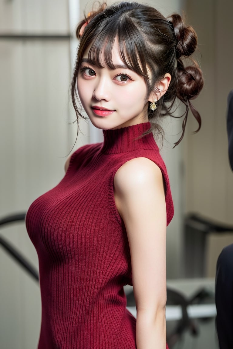  레드스웨터 드레스 입은 여자사진 그려줘