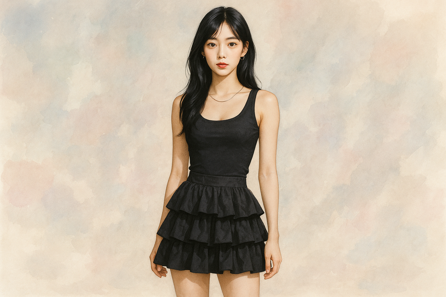 러플 미니스커트를 입은 동양인 여성의 정면 전신 모습, 블랙 슬리브리스 상의와 3단 러플 미니스커트 착용
A front full-body shot of an East Asian woman wearing a black sleeveless top and a triple-layered ruffle mini skirt