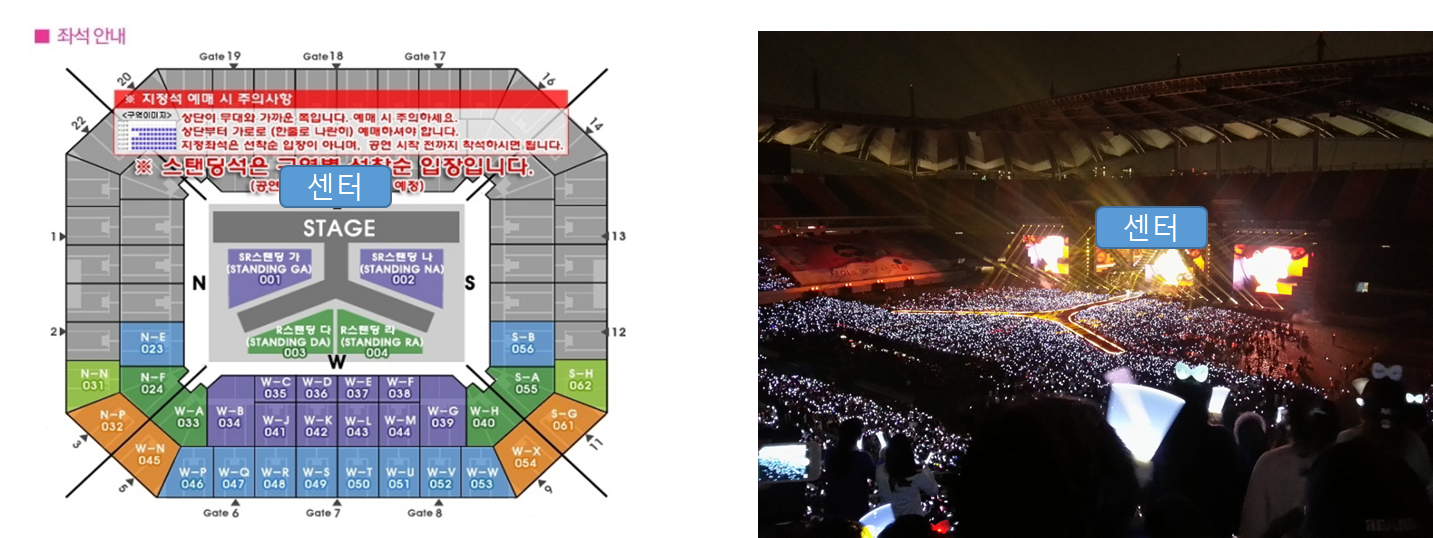 왼쪽: 싸이 콘서트 좌석표, 오른쪽: 실제 콘서트 현장
