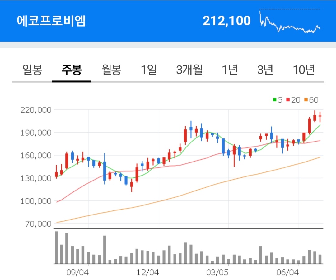 에코프로비엠 종목 주봉차트