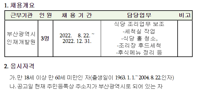 2022년 하반기 인재개발원 기간제노동자(식당근무)채용 공고~22년8월9일